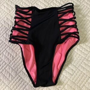 PINK Victoria's Secret Black and Pink Strappy High Waisted Bikini Bottom